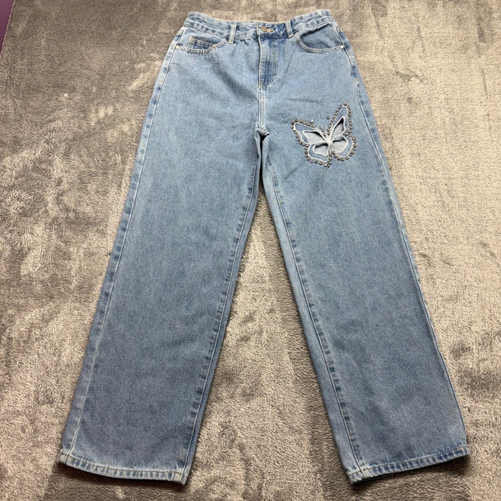 Cider‎ Wide Leg Jeans Womens Size M Light Blue Good Rhinestone Butterfly Zip Fly
